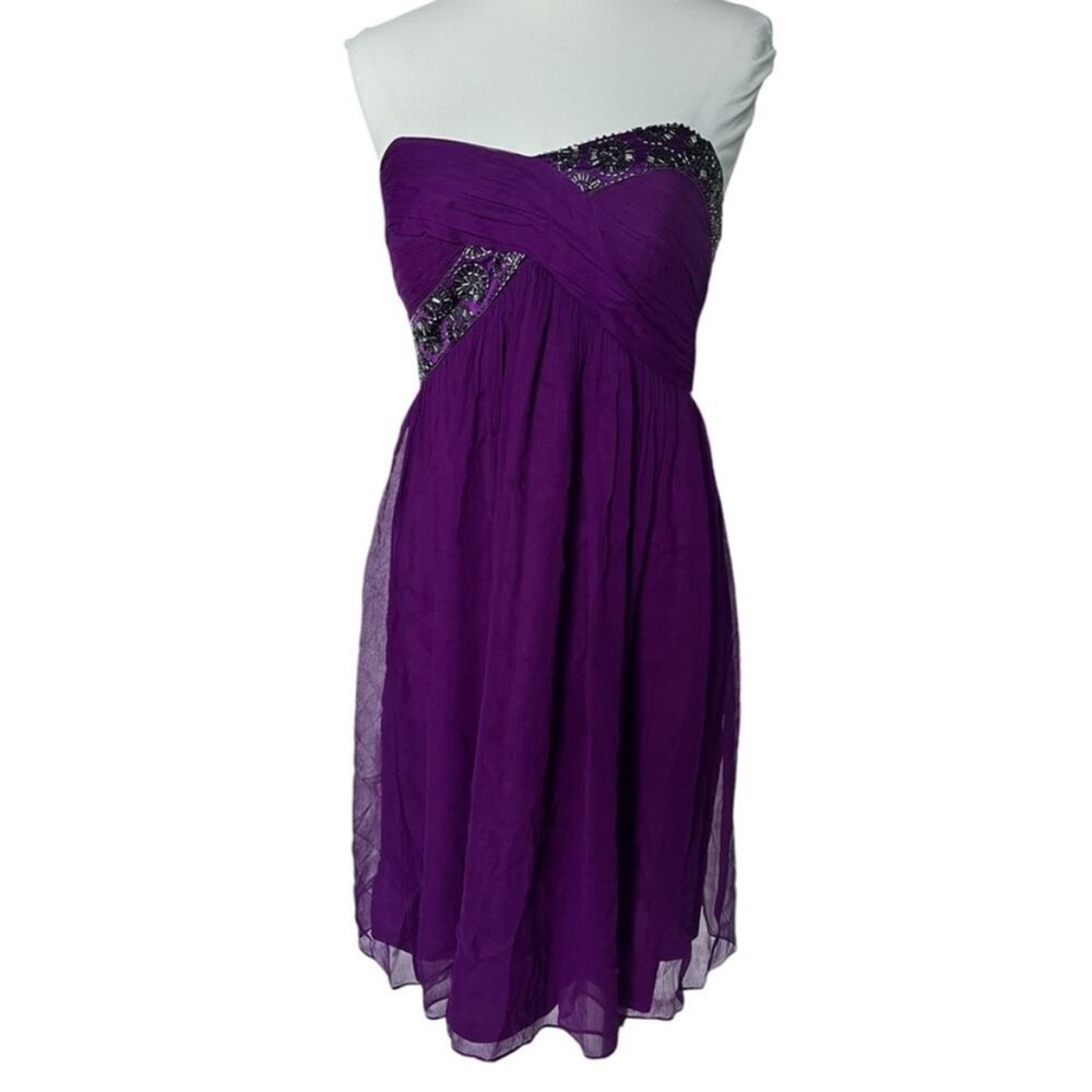 Maggy London purple chiffon ruched above-knee strapless dress size 6